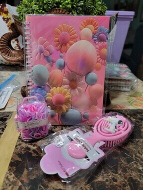 Pink Floral Spiral Notebook + Pink Brush & Hair Ties Set